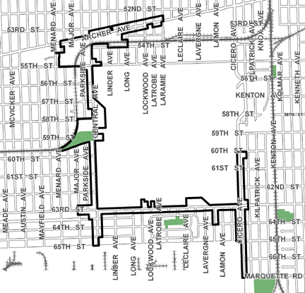 Archer/Central TIF district, roughly bounded on the north by Archer Avenue at 52nd Street, Marquette Road on the south, Cicero Avenue on the east, and Menard Avenue on the west.